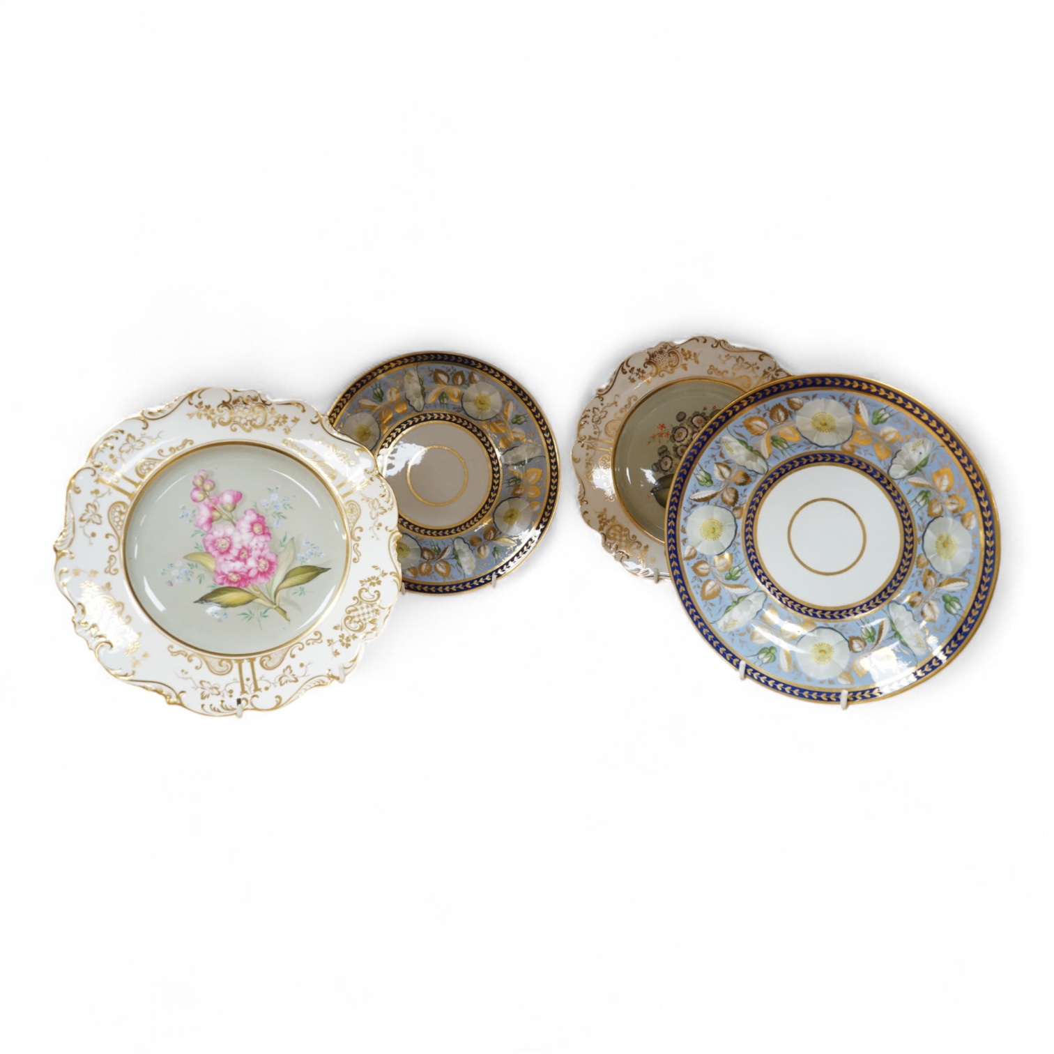 Two pairs of early 19th century porcelain botanical dishes, largest 22cm in diameter